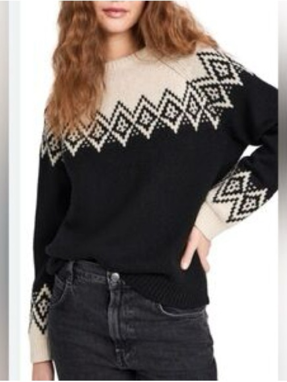 Wyeth Wool Blended Black & Cream Nordic Yoke Crewneck Sweater